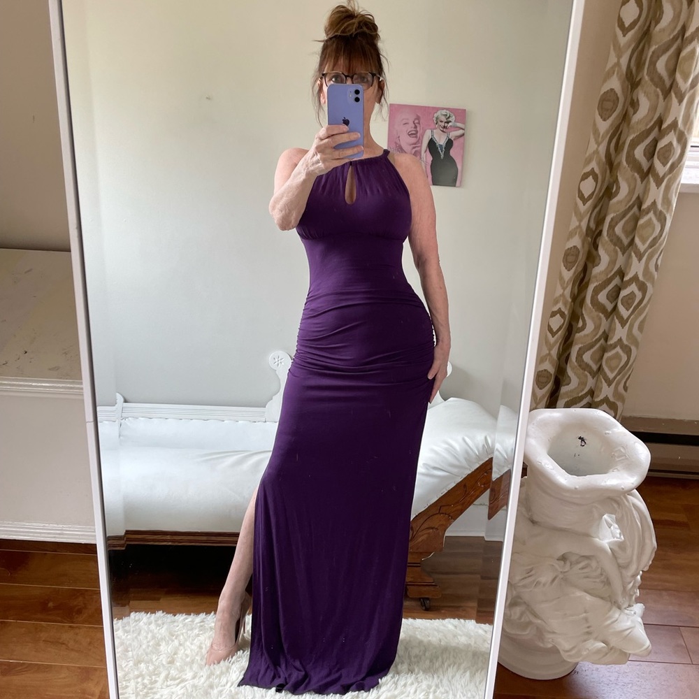 NWT PATTYBOUTIK PURPLE EGGPLANT FORM FIT HALTER MAXI DRESS STRETCH SLIT